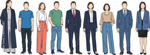 Modern, diverse, people, characters, illustration, set, casual, and, business, outfits, men, women, fashion, style, flat, vector, design, collection, isolated, background