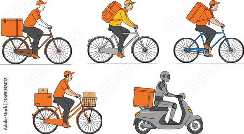 Delivery Service Set with Couriers on Bicycles and Robot on Scooter Carrying Packages for Fast Food and Goods Shipping Illustration