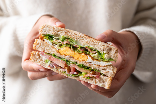 Whole wheat bread sandwich with bacon, lettuce, tomato and fried egg holding by woman hand and eating