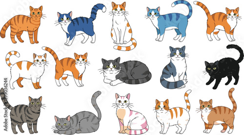 Colorful illustrated cat collection, diverse fur patterns and poses, playful feline character set, sitting, standing, lying down, white background
