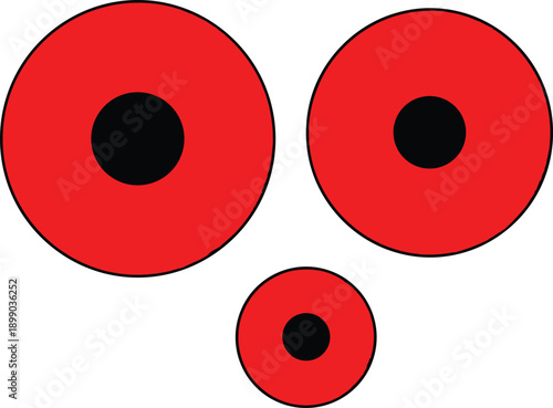 Concentric red and black circle pairs in triangular layout, abstract geometric vector illustration for design, symmetry, contrast, and visual balance