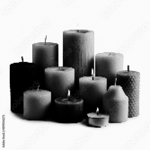 Collection of Gray and Black Textured Pillar Candles, Various Shapes and Sizes, Lit and Unlit Wax Candles for Relaxing Spa or Home Decor
