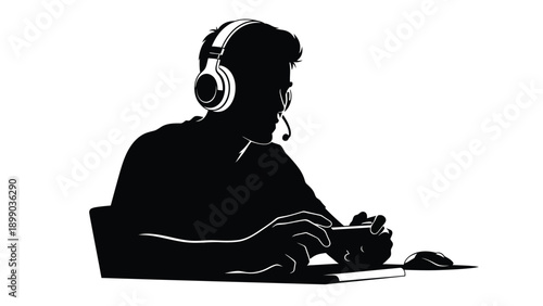 Silhouette of a focused gamer wearing a headset and holding a small device intensely during an online competition