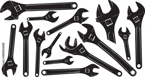 Set of black wrenches tools isolated on white background vector illustration flat design scalable graphic