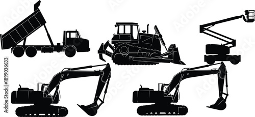Heavy Construction Machinery Silhouette Set Featuring Excavators Bulldozer Dump Truck and Boom Lift Isolated on White Background for Engineering Industry Design