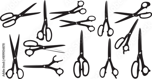 Set of black scissors cutting vector illustration, flat design isolated on white background, office and craft tools collection