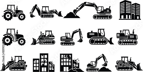 Heavy Construction Machinery Icons Set with Excavators Bulldozers Tractors and Demolition of Residential Buildings for Urban Development and Industrial Projects