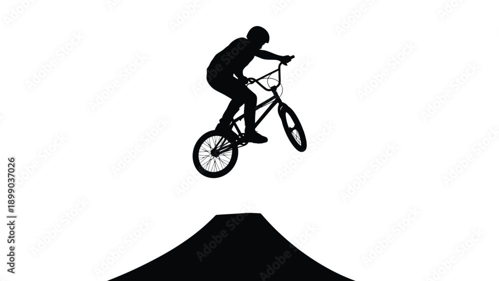Naklejka premium Silhouette of a bmx freestyle rider performing an impressive jump trick off a ramp against a stark white background