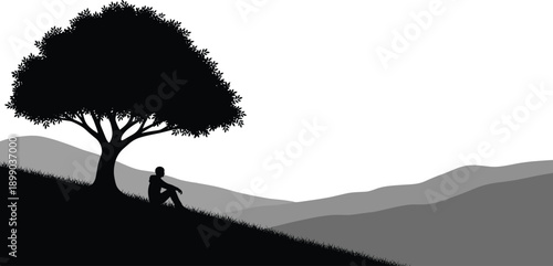 Lonely man silhouette under tree, peaceful mountain landscape, solitude reflection concept, nature calm mood, minimal black white vector illustration background