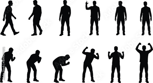 Male silhouette action collection, standing walking and victory poses, human body language gestures, black white vector characters isolated background set