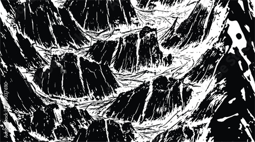 Monochrome bark texture, sharp mountain peaks pattern. Nature landscape design.