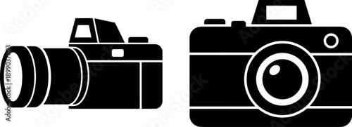 Two black and white icons of digital cameras with lenses and screens