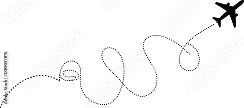 Minimal airplane flight path illustration, dotted travel route design, journey navigation concept, air travel map line, modern tourism direction graphic vector infographic background isolated