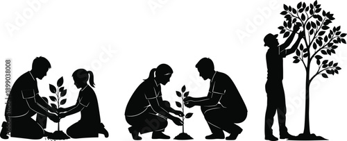 People planting trees silhouettes, environmental protection, teamwork, sustainability, gardening, growth, ecology, green future, nature care, conservation, black illustration, concept, isolated