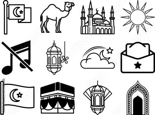 Islamic, Line, Art, Icon, Set, Collection, Mosque, Masjid, Kaaba, Mecca, Camel, Desert, Lantern, Fanous, Moon, Cloud, Star, Crescent, Flag, Star, Music, Forbidden, Haram, Envelope, Letter, Invitation,