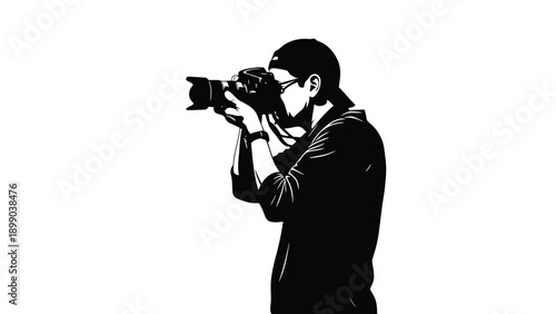 Stylized black and white illustration depicting a photographer wearing glasses and a baseball cap actively taking a picture with a professional camera