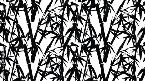 Seamless black and white texture of bamboo stalks with leaves pattern.