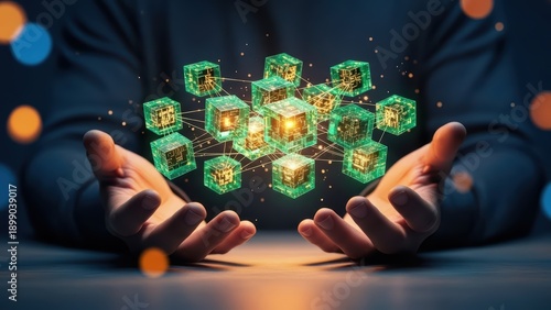 Hands holding glowing green digital cubes with intricate designs in a network pattern on a dark surface with ambient lighting from above