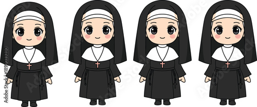 Set of Four Chibi Nun Characters in Cute Anime Style Illustration Vectors Isolated on White Background for Religious Design Projects