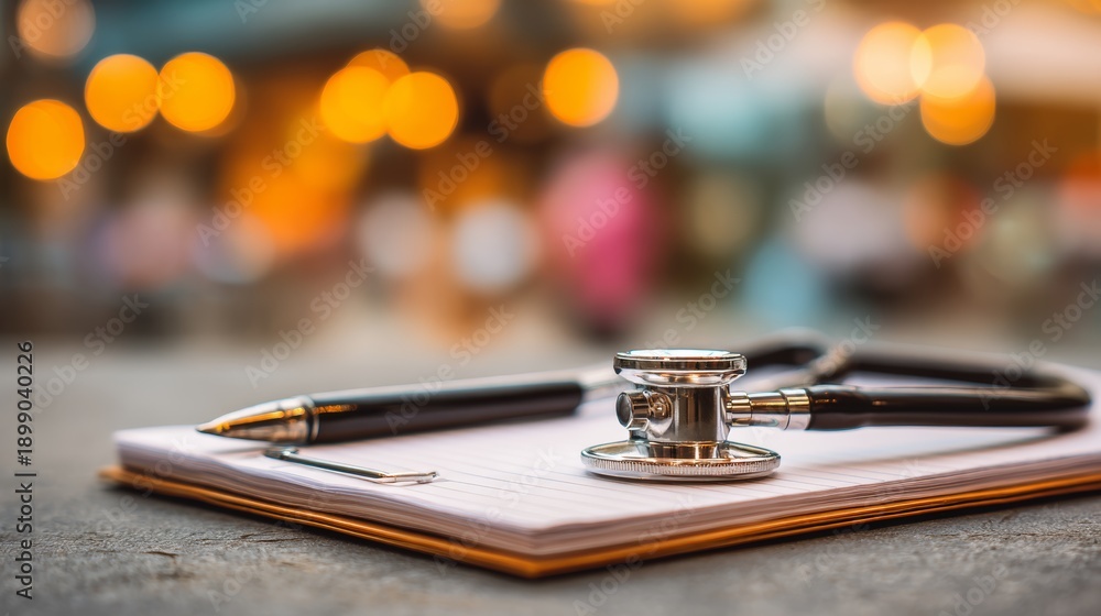 Obraz premium Stethoscope rests on notepad in a clinical space with soft lighting and a focus on medical practice