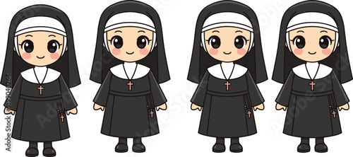 Set of Four Cute Chibi Nun Characters in Kawaii Anime Style Featuring Traditional Black Habit and Cross for Religious Vector