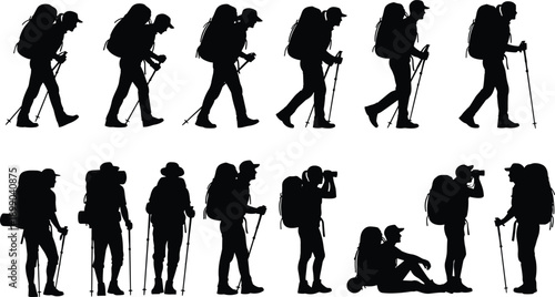 Hiking backpacker silhouette collection, trekking people walking with poles, outdoor adventure travel poses, explorers resting photographing, black vector illustration