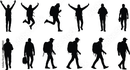 Hiking backpacker silhouette set, joyful jumping and walking poses, outdoor adventure traveler lifestyle, trekking journey success concept, black vector illustration