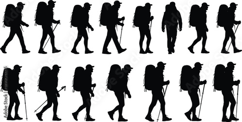 Hiking backpacker silhouette set, trekking people walking with poles and gear, outdoor adventure travel poses, mountaineering lifestyle journey, black vector illustration
