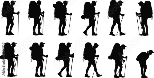 Hiking backpacker silhouette set, trekking people walking with poles, outdoor adventure travel poses, mountaineering lifestyle, black vector illustration collection