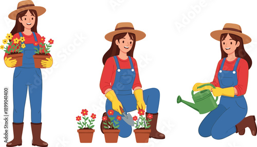 Smiling woman gardener character in overalls planting flowers holding pots and watering plants with can isolated on white background vector