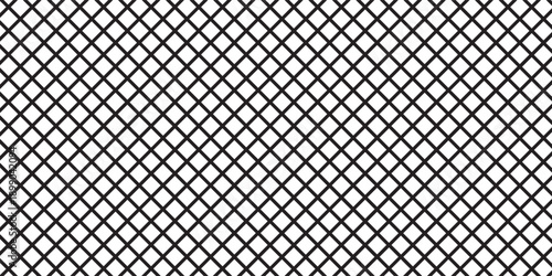 Diagonal cross line grid seamless pattern. Geometric diamond texture. Black diagonal line mesh on white background. Minimal quilted fabric. Metallic wires fence pattern. Modern Vector