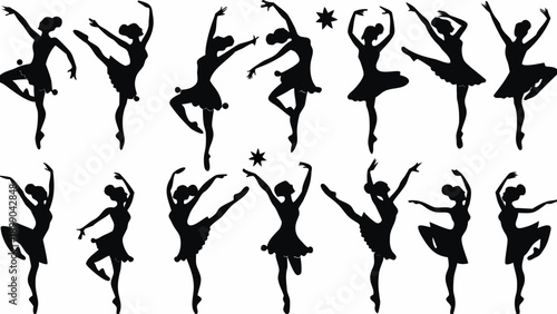 Silhouettes of elegant ballerinas in various dance poses with star motifs