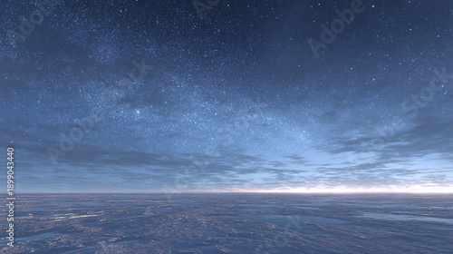 A beautiful starry night landscape over water, with a mesmerizing display of celestial bodies and a tranquil water surface. The image exudes serenity and vastness.