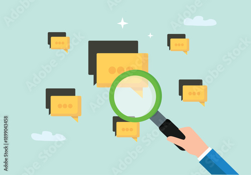 Digital Illustration of Communication Analysis, Message Search, Online Conversation Data Mining, Sentiment Evaluation, Text Bubble Interaction