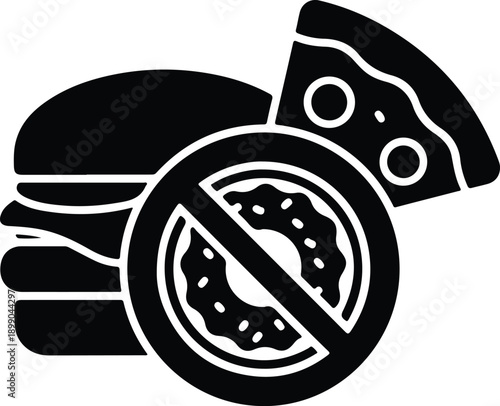 Black hamburger icon with prohibition sign isolated on transparent background, no food allowed symbol