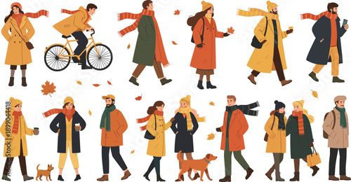 Vector illustration of twelve people in autumn and winter clothing, walking, biking, and interacting with dogs among falling leaves