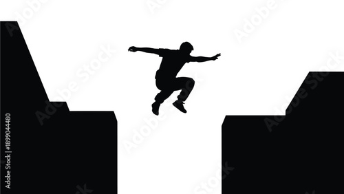 Silhouette of a determined athlete performing a dynamic long jump or parkour leap across a chasm between structures