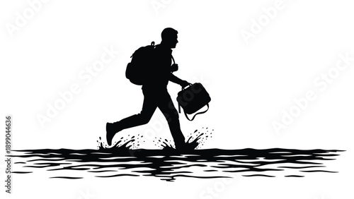 Silhouette of a determined traveler with a backpack and briefcase urgently splashing through water while running forward