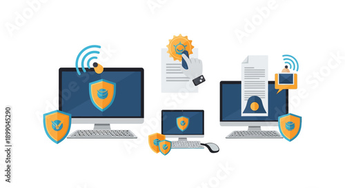 Digital Data Security and Cybersecurity Network Protection Concept. Illustration of Secure Document Certification and Privacy.