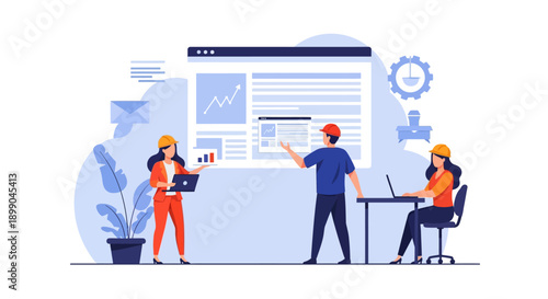 Professional Engineers Collaborating on Digital Project Management. Team Analyzing Performance Data, Construction Planning, and Strategic Report Visualization.