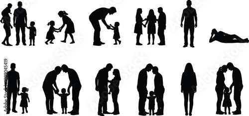 Family,silhouette,parents,children,relationships,poses,collection,love,care,bonding,parenthood,happy,people,figures,black,vector,illustration,isolated,white,background