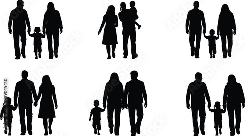 Family,silhouette,parents,children,walking,together,love,care,relationship,parenthood,people,figures,black,outline,vector,illustration,isolated,white,background,concept