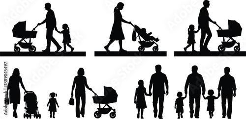 Family,silhouette,parents,children,with,stroller,walking,urban,lifestyle,parenthood,care,love,daily,life,people,figures,black,vector,illustration,isolated