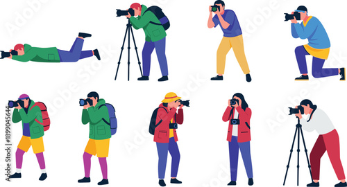 Flat photographers illustration set, people taking photos with cameras, professional photography poses, creative media content creators vector collection design