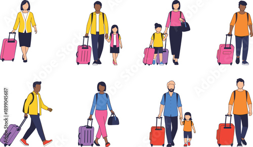 Flat travel illustration of diverse people carrying luggage, family travelers walking with suitcases, tourism vacation journey concept vector design set