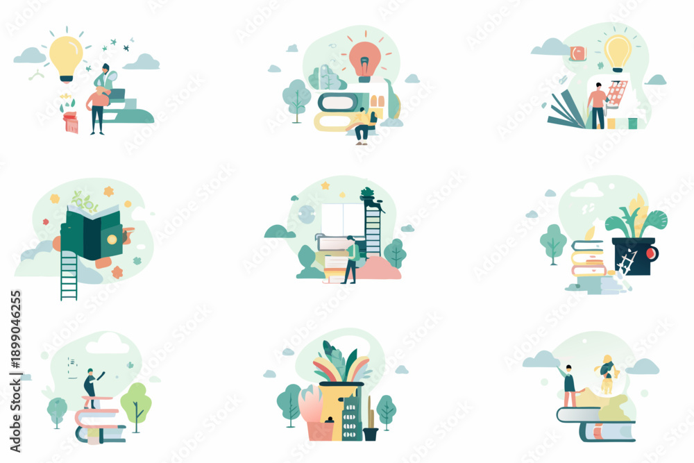 Fototapeta premium Colorful illustrations depicting concepts of learning ideas and growth