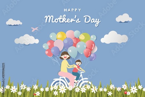 A heartwarming illustration celebrates mother s day with balloons and family