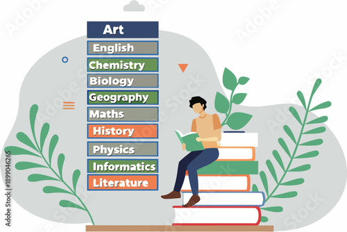 Student studying with books and a list of school subjects displayed
