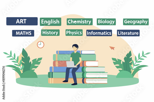 Student studying surrounded by books and academic subject labels