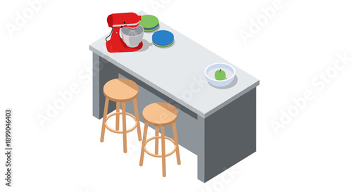 Kitchen Island with Appliances and Stools.